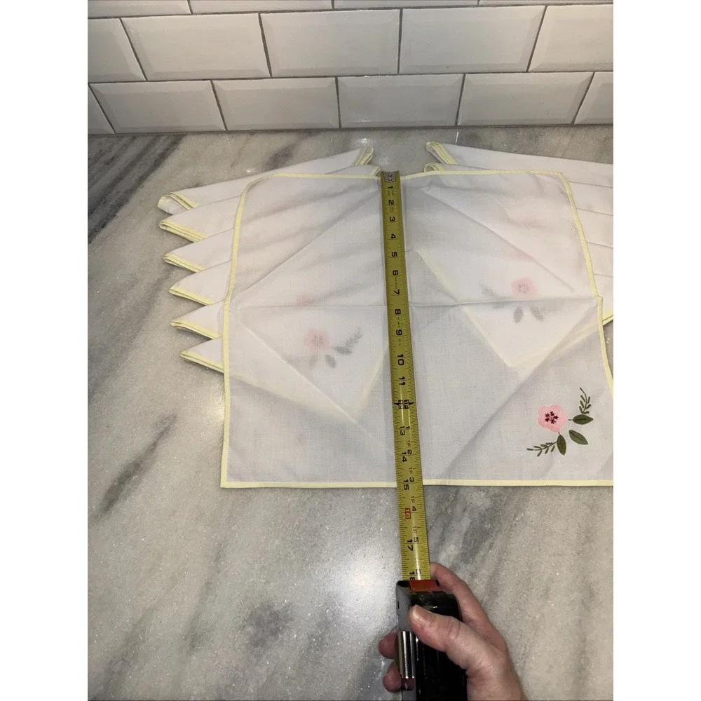 Vintage Hankercheif  Napkins White Appliqué‎ Pink Flower Yellow Border Set of 12
